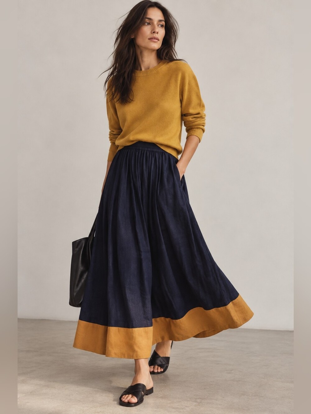 NWT THE ODELLS Colorblock Navy Mustard Flowy Maxi Skirt Small New
